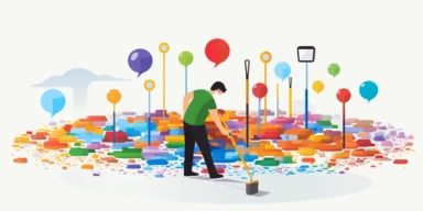 a man holding a mop, a man cleaning up colorful location data spilled on the floor, location icons are everywhere, clipart, vector graphic, very low detail, in the style of minimalist illustrator, white background