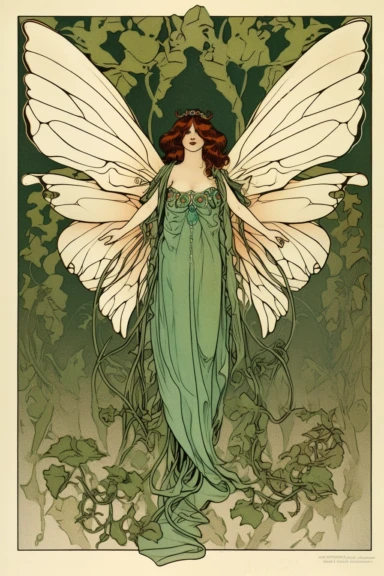 Vintage 1920 Symmetrical Fully Clothed Female Fairy with Large green Wings on its back Illustration, Chromolithograph, 1920s Illustration, Vintage, Antique, Ephemera, Clipart, 8k, on a vintage magazine cover