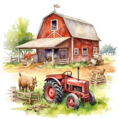 Make a clipart of a watercolor painting of a farm with barn animals and a tractor. no background