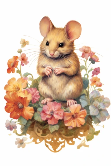Chromolithography, vintage watercolor mouse floral clipart, nursery art, little mouse, mouse art, kids wall art, baby animal prints, isolated on white background, intricate details, hdr, 8k