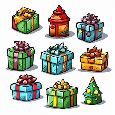 christmas gift boxes, objects, vibrant colors, cel shading, game graphics, clean lines, lineart, simple, cute, on white background, vector art, clip art, doodle art, comic art