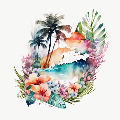 Watercolor Pastel Hawaii Clipart - watercolor surfing tropical island on white background