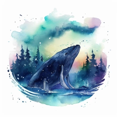 humpback whale in the northern lights landscape, watercolor clipart, 32k