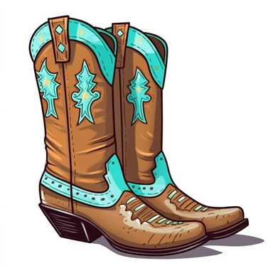 very simple sharp detail pair of tan and turquoise cowgirl boots cartoon clipart