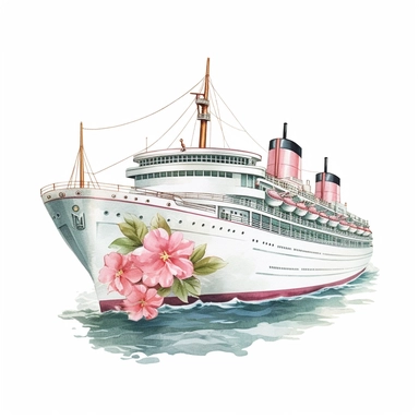 hand drawn , watercolor, hyper realistic, white background, white margins, 16k, ultra detailed clipart, cut out image, hand-drawn, ultra HD, sharp and clean art a vintage cruise ship with delicate floral , capturing the romantic and feminine aesthetics often associated with vintage fashion and travel. light pink pastel