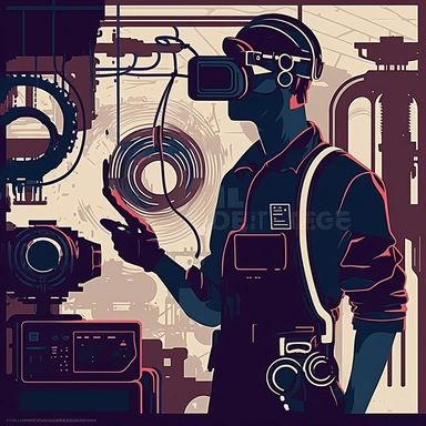 worker wearing vr headset, man, standing in an assembly plant, gauges, coding, vr developer, virtual reality, poster, simplistic, abstract, vector, 2d illustration, clipart, few colors
