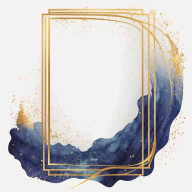 Celestial Gold rectangle Frame, dark aesthetic, gold grunge line, wavy blue liquid, watercolor background, gold stars, white background, isolated, watercolor clipart, highly detailed 8k