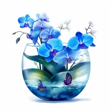 Beautiful vivid blue orchids, fancy round glass vase, creative décor, illuminated with the sun’s rays, isolated white background, clipart, hd quality