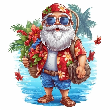cute santa claus wearing a Hawaiian shirt and sunglasses, clipart Sublimation Clipart,Cartoon,hyper realistic, intricate detail, illustration style,high solution,on the white background