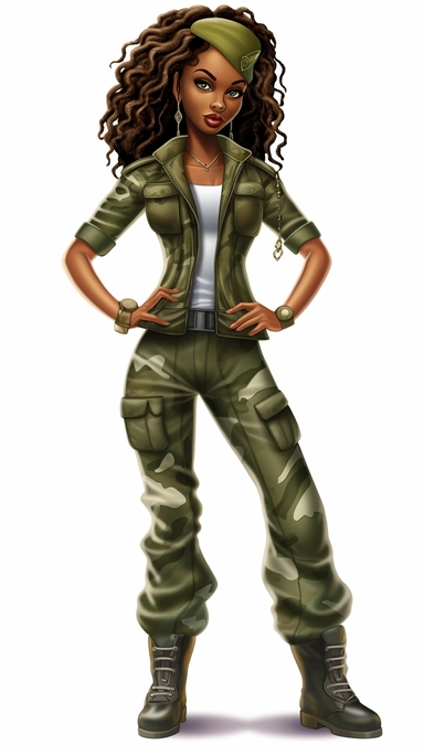 clipart, digital doll, beautiful africanamerican woman in camouflage is standing posing, in the style of cartoon realism, airbrush art, commission for, clockpunk, ultra realistic, traincore, babycore