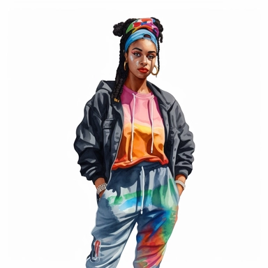 black, African American girl wearing 1990’s style urban streetwear clipart, watercolor style, hyper realistic, detailed, white background