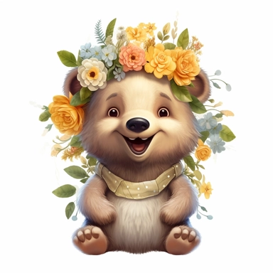 Cute Beautiful Happy Face Bear Flowers On Head Full Body Vector Clipart,Cartoon, hyper realistic, intricate detail, illustration style,high solution,on the white background