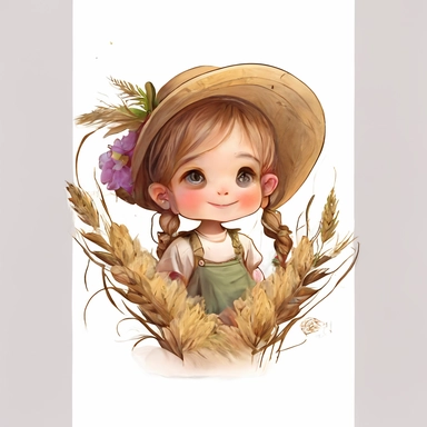 Cute kid girl with garlands of barley, hand draw Illustration clipart, 4K, extremely detailed