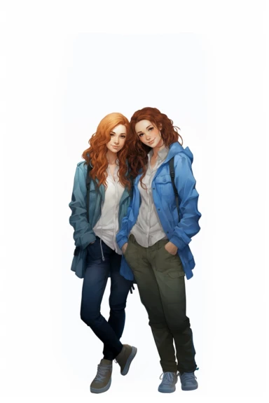 two fullbody women at their backs , best friends, wearing blue pants and jackets, clipart