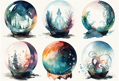 6 magical crystal ball, clipart, water color, deep colours, white background, border, watercolour illustration style, dreamy, 8k, intricate, illustration, detailed , 8k, png
