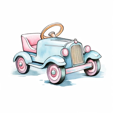 Vintage Hand painted pastel clipart of a pull along toy car in the style of vintage nursery kitsch Lefton, retro midcentury 1950’s, white background, contour