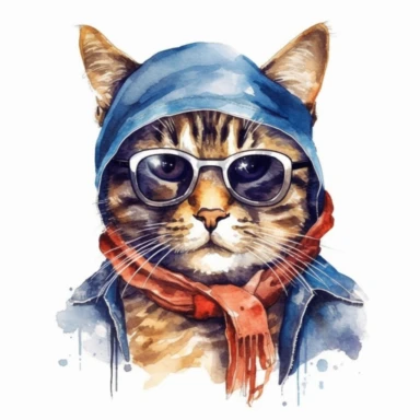 hyper-realistic watercolor Whiskers Through Time- Royal attire: Rockstar outfit: Give the cat a cool and edgy look by dressing them in a leather jacket, sunglasses, and a bandana, portraying them as a rockstar. cat should be keeping a music instrument. Cats in History Clipart, watercolor background for sublimination, high resolution