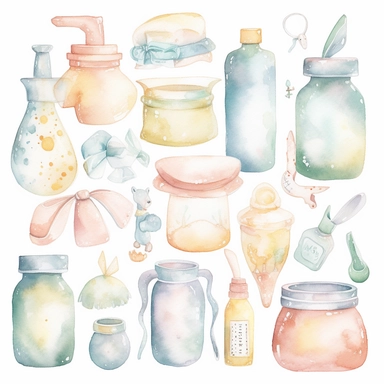 Create a watercolor clipart set featuring a variety of baby items, such as bottles, pacifiers, rattles, and blankets. Use soft, pastel colors and delicate lines to capture the innocence and sweetness of infancy, white background