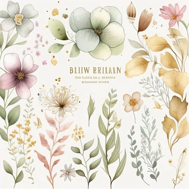 dreamy bohemian watercoloR flowers and wildflowers clipart, PREMADE pattern, colors of the element to be neutral with accent gold color, autumn colors and gold, no background, space for writing, NO WRITING, delicate and elegant, dreamy airy color, classic style, airy watery colors, with elements of green leaves, hd, best quality, 8k,
