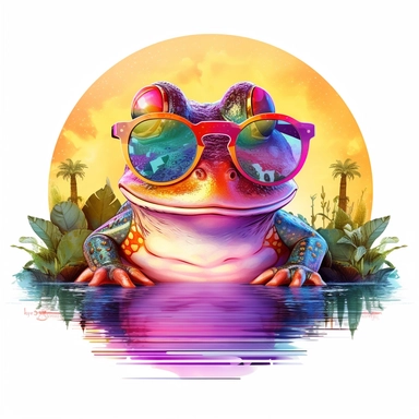clipart, vector art, white background, frog wearing sunglasses, in a pond, vivid colours, sunset