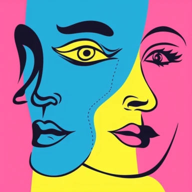 face illustration cartoon portraits face line illustration human face clipart silhouette, in the style of pink and azure, pop art style, handsome, light yellow and light navy, vibrant figurative expressionism