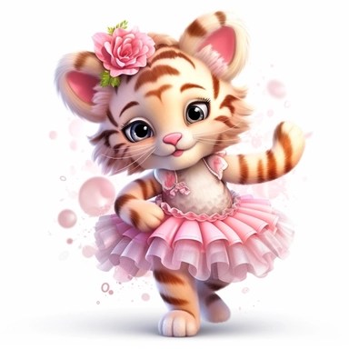 Adorable cute fantasy tiger dressed like a Romantic ballerina, wearing pink tutu, nursery art, clipart image, lineart image, white background, very detailed, 8k