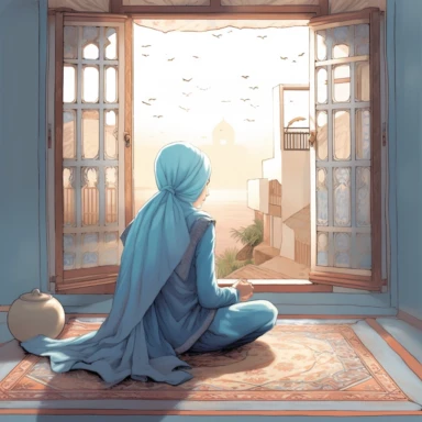 back view of a beautiful Hijabi girl wearing a baby blue hijab, reading a book that covers her face while is sitting in her moroccan house and a window is open, no face is showing, clipart illustration, digital illustration style, very detailed,