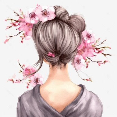watercolor A woman's face, full body, back view Cherry blossoms: These delicate pink flowers are a favorite among many people and are often associated with the arrival of spring. They are commonly used in Japanese art and culture. with flowers and leaves adorning her hair. hair up with flowers vividly bold designs png Full body realistic cartoon in 32K UHD cute. 15 cm thick outline. Black color. There was no shadow on the ground. 8k with realistic watercolors. and detailed illustrations. PNG cli