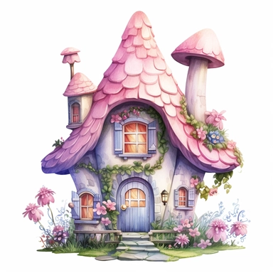 disney style little fairy house clipart, full of flowers around house, pastel color, watercolor clipart, png file, hyper realistic, transparent background,high detail, 8k