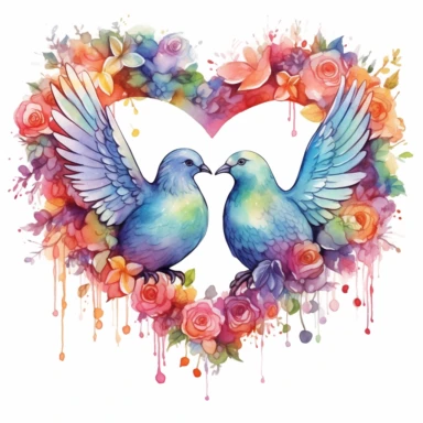 rainbow watercolor clipart of wedding doves kissing inside a floral heart wreath, colored ink illustration, good composition, vector, contour, isolated white background, 26k