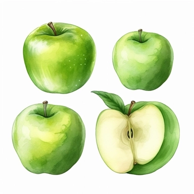 Hand-drawn watercolor illustration set of the green apples fruits. Food drawing isolated on the white background. Apples harvest clip-art for package design