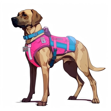 full bodied wide view digital illustration cartoon, of one mixed breed female Boxador, service dog, tan body and white chest with a blue collar, and a bright pink service dog vest, clipart on a white background