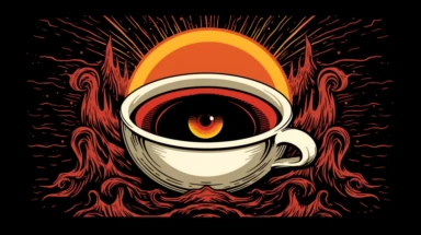 The menacing Eye of Sauron as a central design element, accompanied by the humorous phrase, One Mug to Rule Them All. The design combines the dark allure of the series with a touch of lightheartedness. clipart, cartoon, color, dark outlines white background
