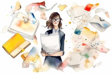 header index banner image for an photographer and lawyer, many papers and documents, what would be liked by photographers, clipart 2D, watercolor style, white border, white background, happy emotions