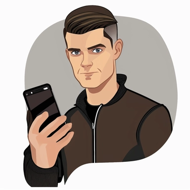 a vectorial clipart of a young modern man with a confident expression using his mobile, to securely send his video stream password access.