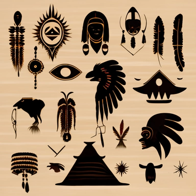black silhouette native American symbols clipart tan background