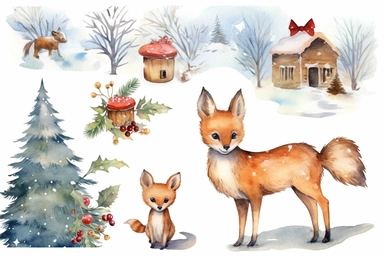 christmas in woodland clipart, drawing, image, in the style of watercolor illustrations, elaborate