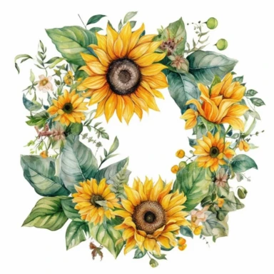 water color sunflower, circle wreath, clipart, flower and leaves, beautiful, detailed, wedding invites, white background