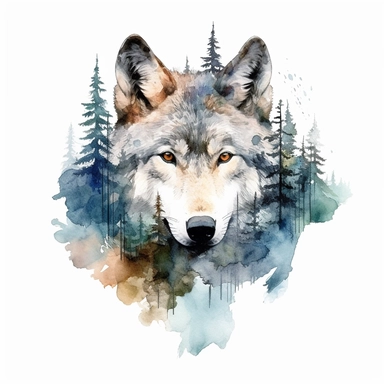 double exposure, wolf head and forest,watercolor,white background,clipart