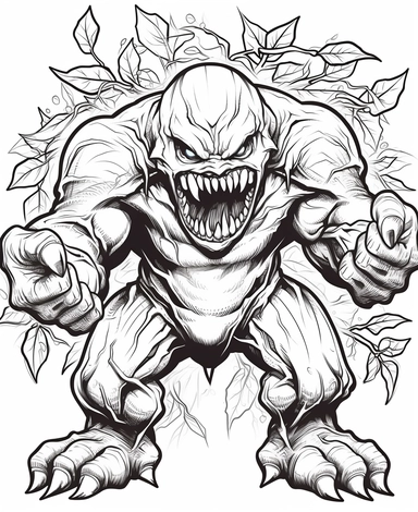 clean black and white coloring page of grape monster, metamof style crisp lines white backgrount no fill, only black marker, low detail vector, clipart,