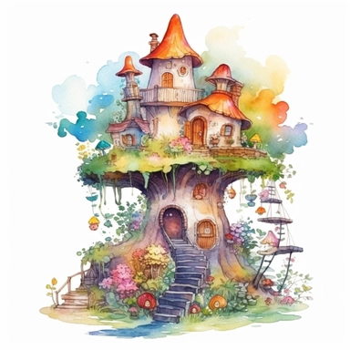 watercolor colorful clipart of a whimsical fairy garden, hd, on white background