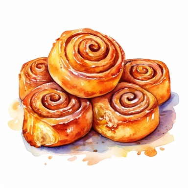 an enchanting watercolor, hyper-realistic clipart image with a white background and white margins, featuring a box of warm and gooey cinnamon rolls. The ultra-detailed, hand-drawn elements capture the swirls and sweet glaze of the rolls. Use whimsical touches to add a sense of delight, and bold shades of brown and white to evoke the irresistible aroma and decadence of this fast food treat.