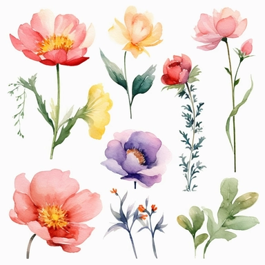 watercolor clipart of flowers, single design, 8k