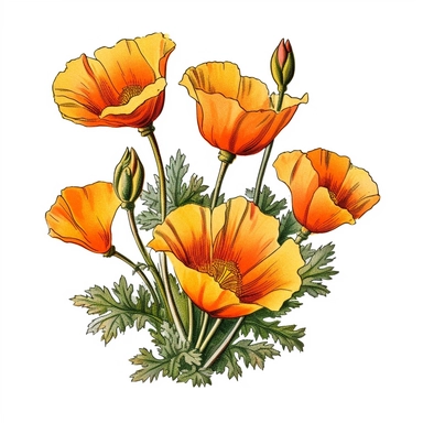 California Poppy (Eschscholzia californica): Draw a cluster of these cup-shaped flowers with their delicate, wavy petals. Remember, the petals are a vibrant orange. clipart white background