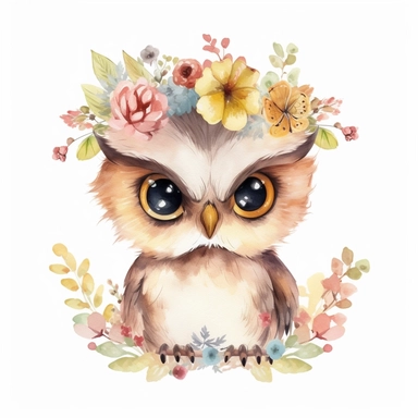 Cute baby owl, cute big eyes, colorful, floral crown, watercolor style, clipart, white background
