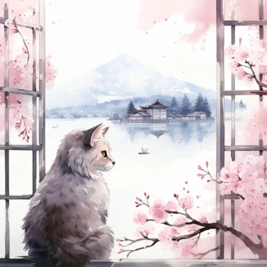 Watercolor Cute Ragdoll Cat sitting at her back in a wide window, and watching Mount Fuji in Japan, Chureito Pagoda and Spring cherry blossoms, lake reflection of everything, architecture of houses, pink leaves flying in the air, Clipart Watercolor By Yuzo Komori. clean line, white background, spaced out