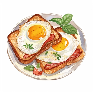 detailed, vintage style, illustrated in clip art style, delicious breakfast spread, two perfectly fried eggs with bright, sunny yolks, and two slices of golden, crispy toast, bacon and basil, arranged neatly on a clean white plate, clean white background, perfect for etsy merchandise