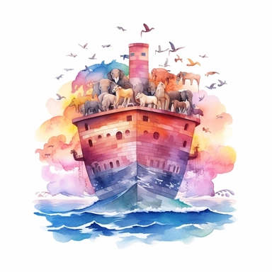 A serene watercolor illustration of Noah's Ark at sunrise. The sky blazes with a palette of pinks, oranges, and purples, reflecting on the calm ocean waves. The Ark, filled with pairs of creatures looking out in awe, sits prominently in the foreground, White background, vector, minimalist, contour, clipart