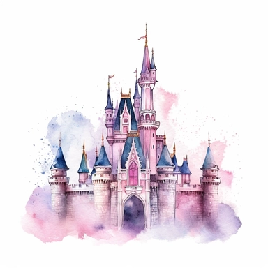 disney princess castle clipart, watercolor fairy kingdom, white background