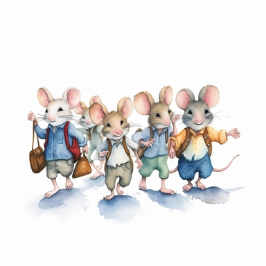 a group of happy school mouse walking on the street with school bags and school uniforms, detailed, watercolor, white background, clipart